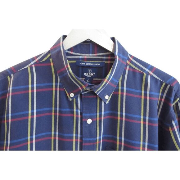 Old Navy Slim Fit Navy Plaid Button Up Shirt Sz L - Picture 2 of 4